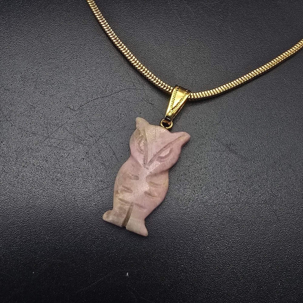 Pink Rhodochrosite Owl Pendant Necklace Gemstone Bird Vintage Jewelry